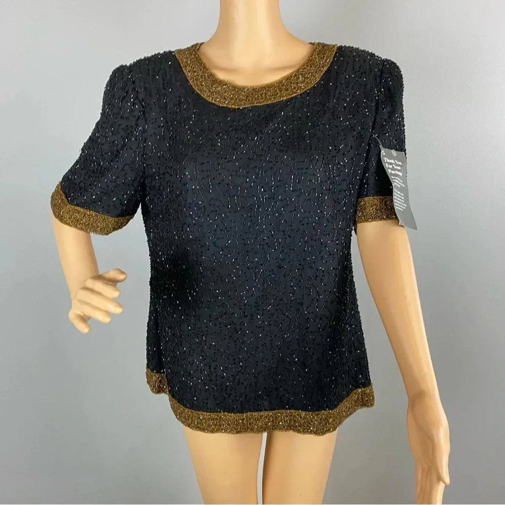 VTG Lawrence Kazar Womens Large 100% Silk Beaded Black Gold Blouse NWT